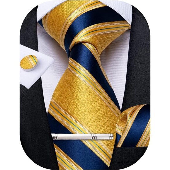 🆕Men Yellow Plaid Silk Checkered Necktie Pocket Square Cufflinks Tie Clip Set